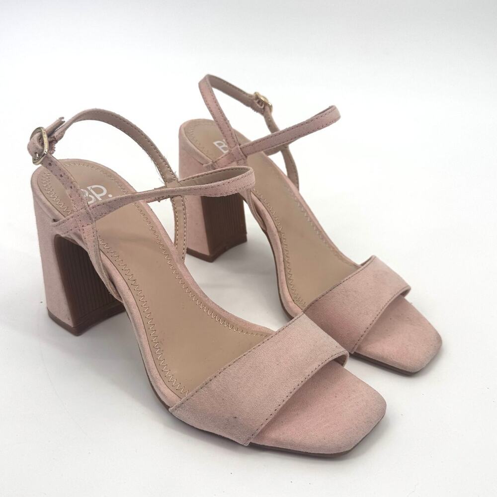 BP Larissa Womens Block Heels Faux Leather Suede Pink Ankle Strap Heel Sandals 6